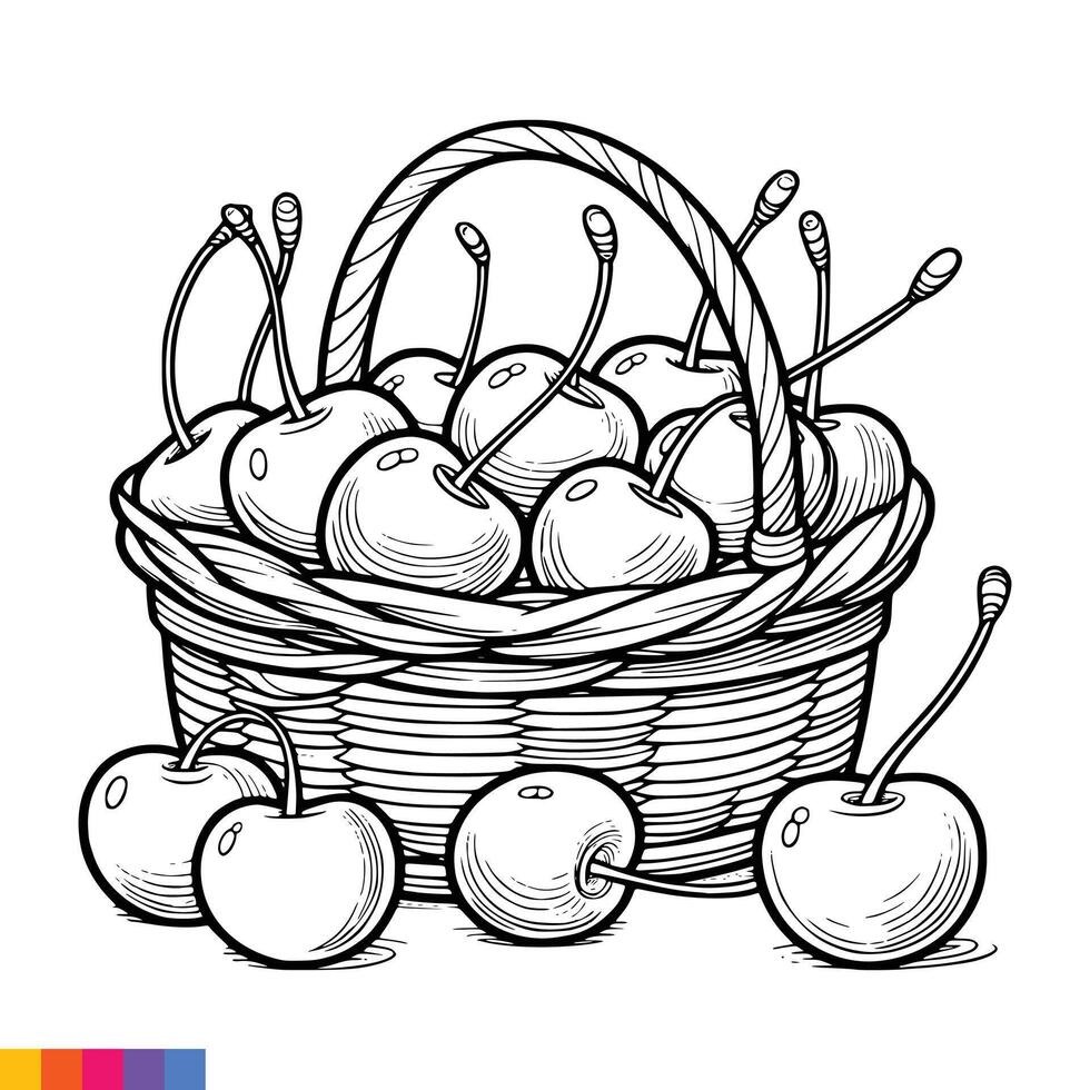 Fruit Basket line art illustration for the coloring book. Fruits coloring page. Vector graphics