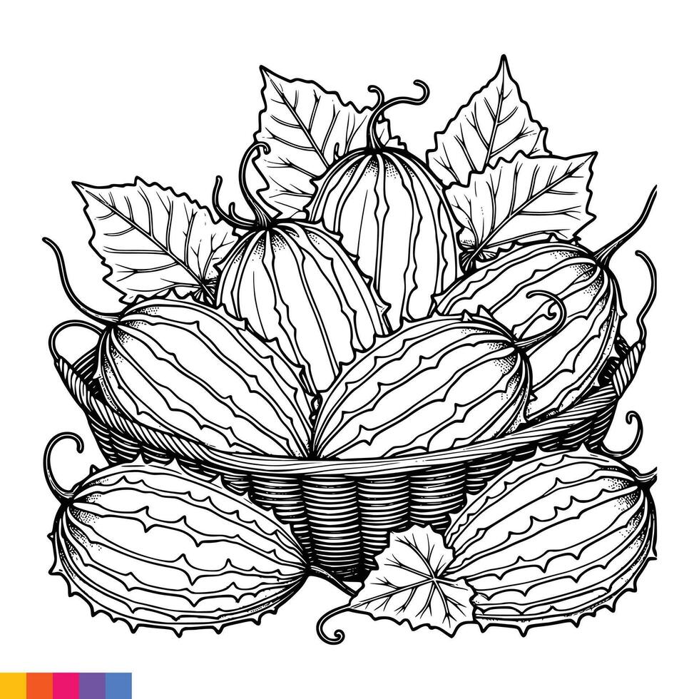 Fruit Basket line art illustration for the coloring book. Fruits coloring page. Vector graphics