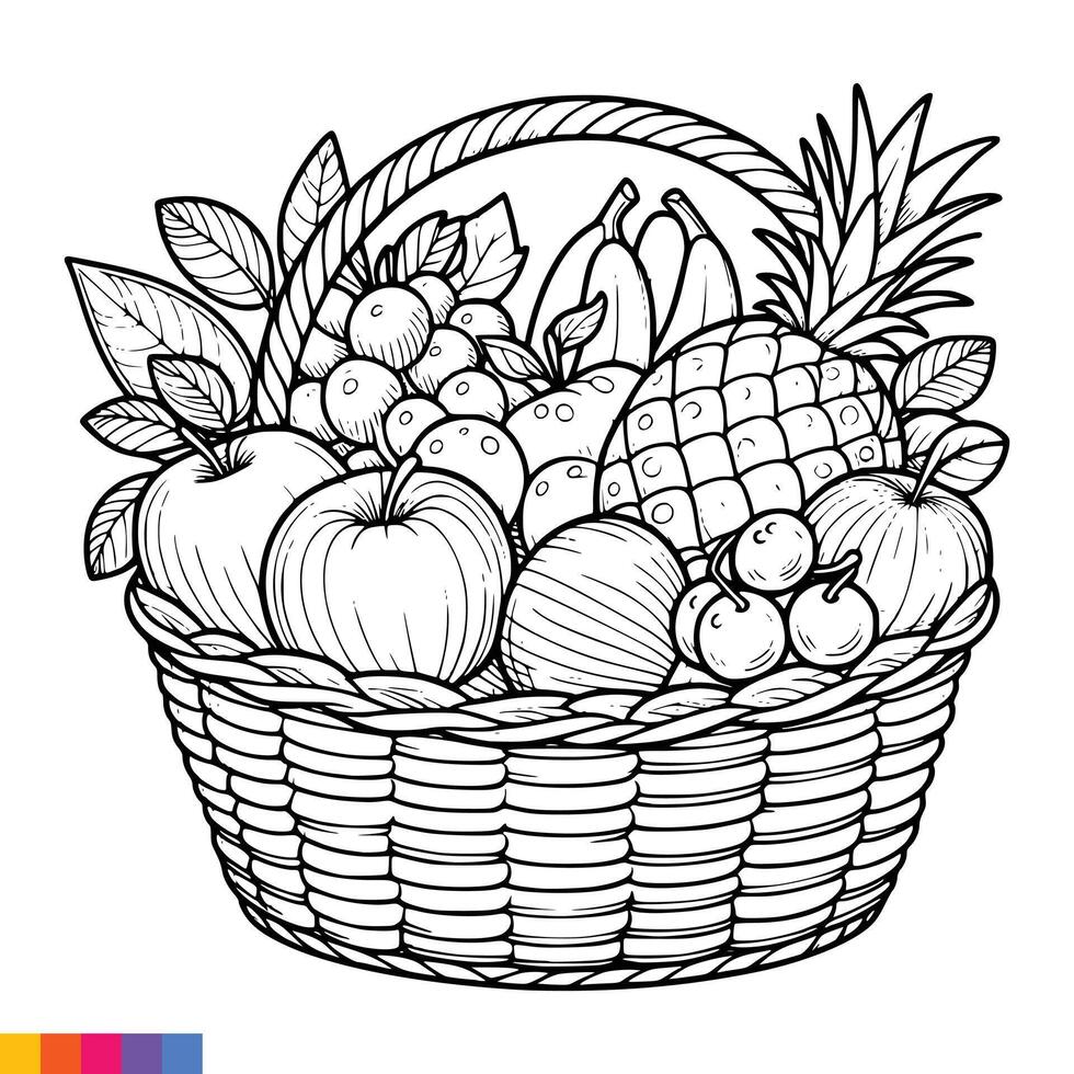 Fruit Basket line art illustration for the coloring book. Fruits