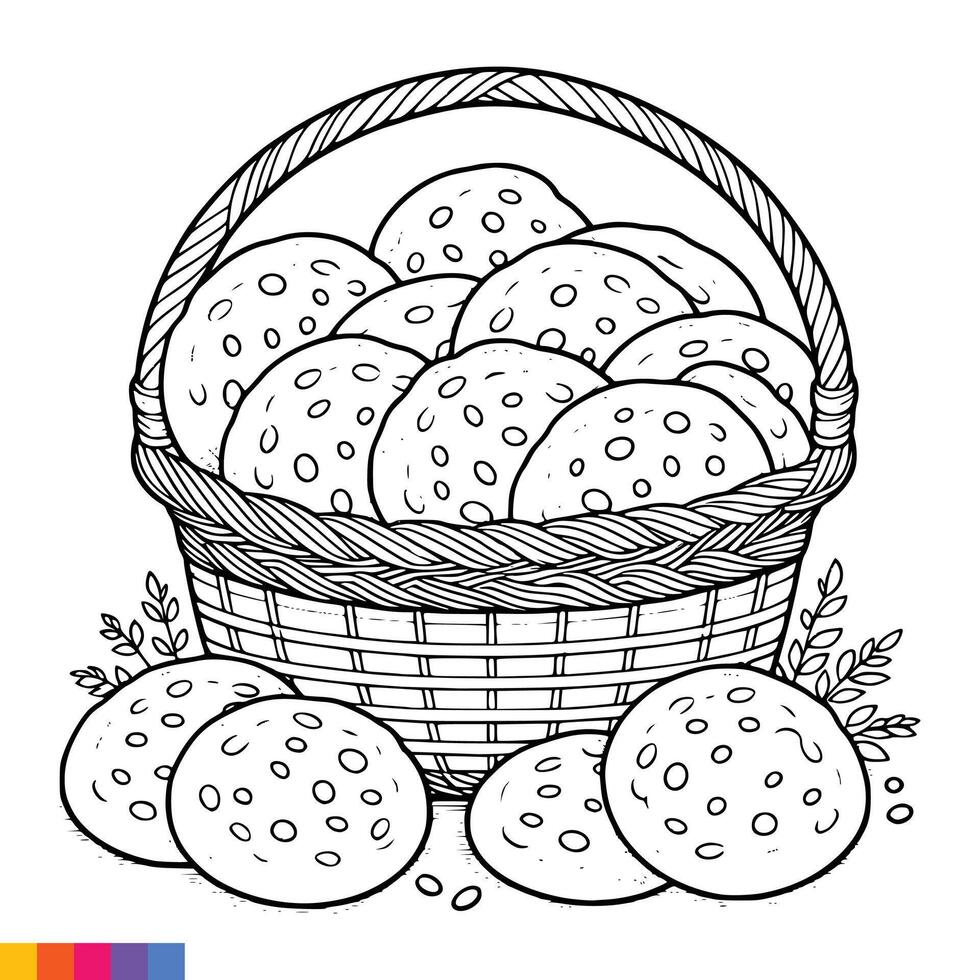 Bakery basket. Bakery food hand drawn line art illustration for the coloring book. Food line art for a coloring page. Vintage sketch vector graphics.