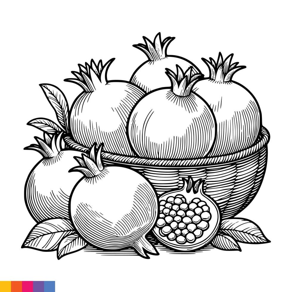 Fruit Basket line art illustration for the coloring book. Fruits coloring page. Vector graphics