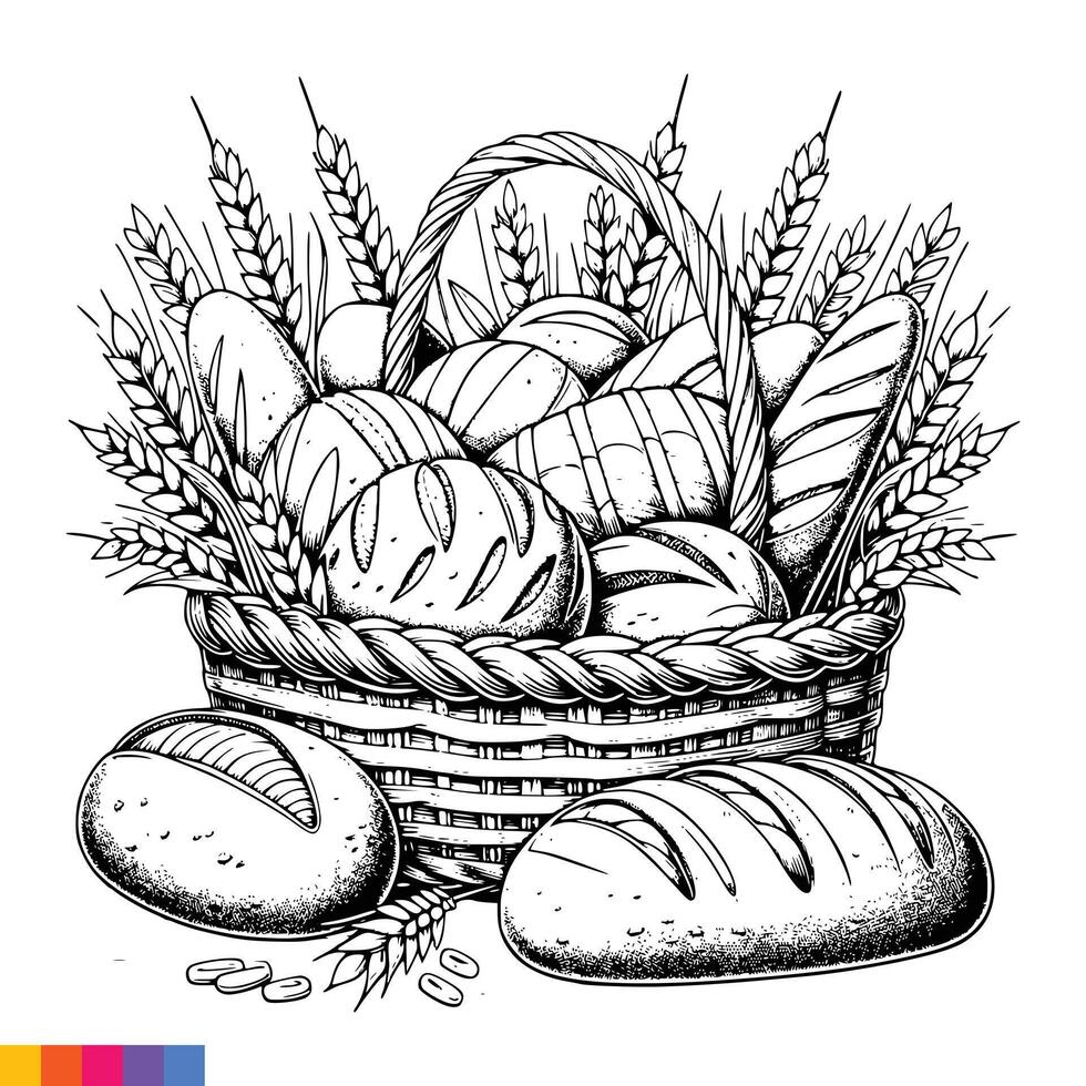 panadería cesta. panadería comida mano dibujado línea Arte ilustración para el colorante libro. comida línea Arte para un colorante página. Clásico bosquejo vector gráficos.