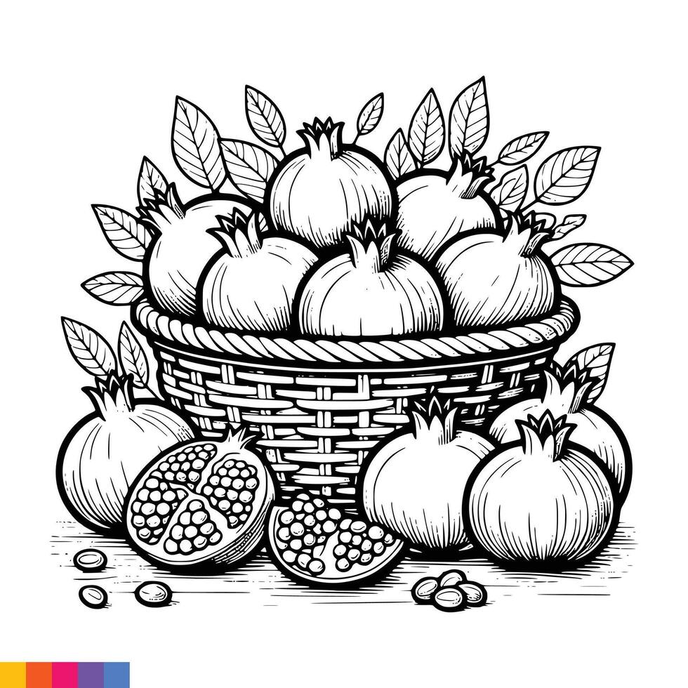 Fruit Basket line art illustration for the coloring book. Fruits coloring page. Vector graphics