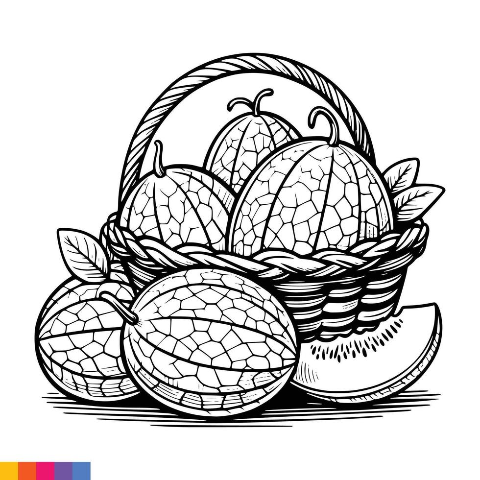 Fruit Basket line art illustration for the coloring book. Fruits coloring page. Vector graphics