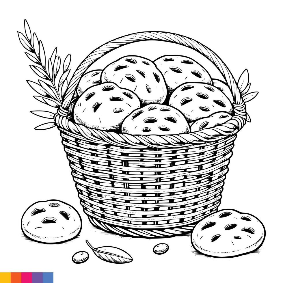 panadería cesta. panadería comida mano dibujado línea Arte ilustración para el colorante libro. comida línea Arte para un colorante página. Clásico bosquejo vector gráficos.