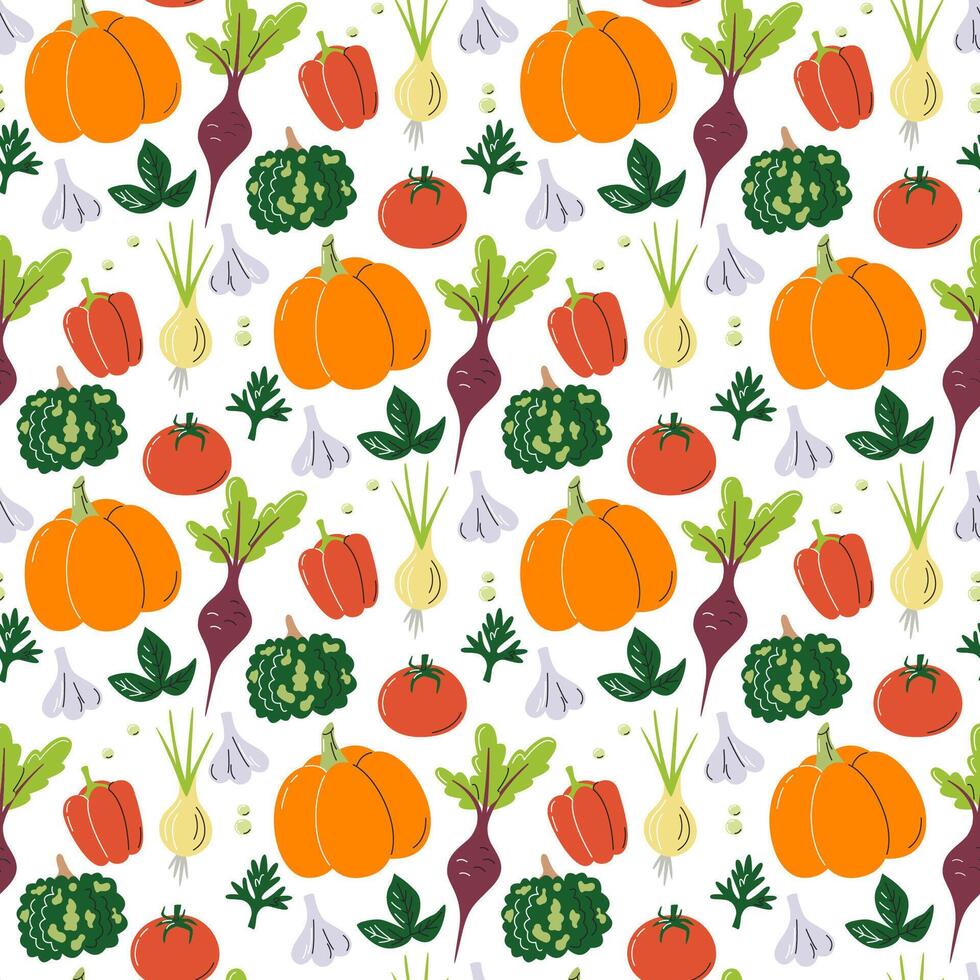 hierba mora familia sin costura modelo calabazas y remolacha eco granja local agrícola producto. vegetal fondo de pantalla diseño. cosecha temporada comida impresión. mano dibujado plano vector ilustración aislado en blanco