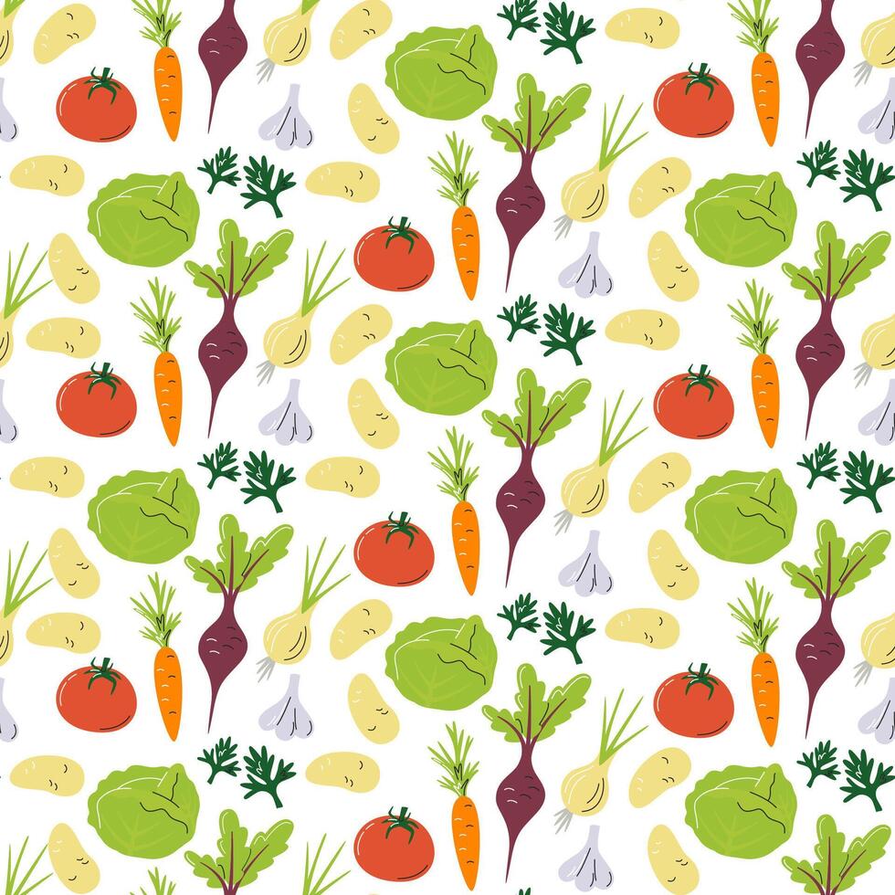 local agricultores mercado vegetales sin costura modelo diseño. embalaje y envase papel impresión. tradicional ruso sopa ingredientes dibujo antecedentes. borsch verduras mano dibujado plano vector ilustración