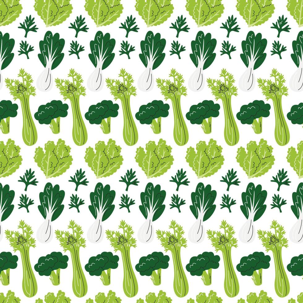 Green vegetables seamless pattern. Healthy smoothie ingredients isolated on white. Repeating background with celery, broccoli, cabbage, bok choy and dill. Veggies hand drawn flat vector illustration