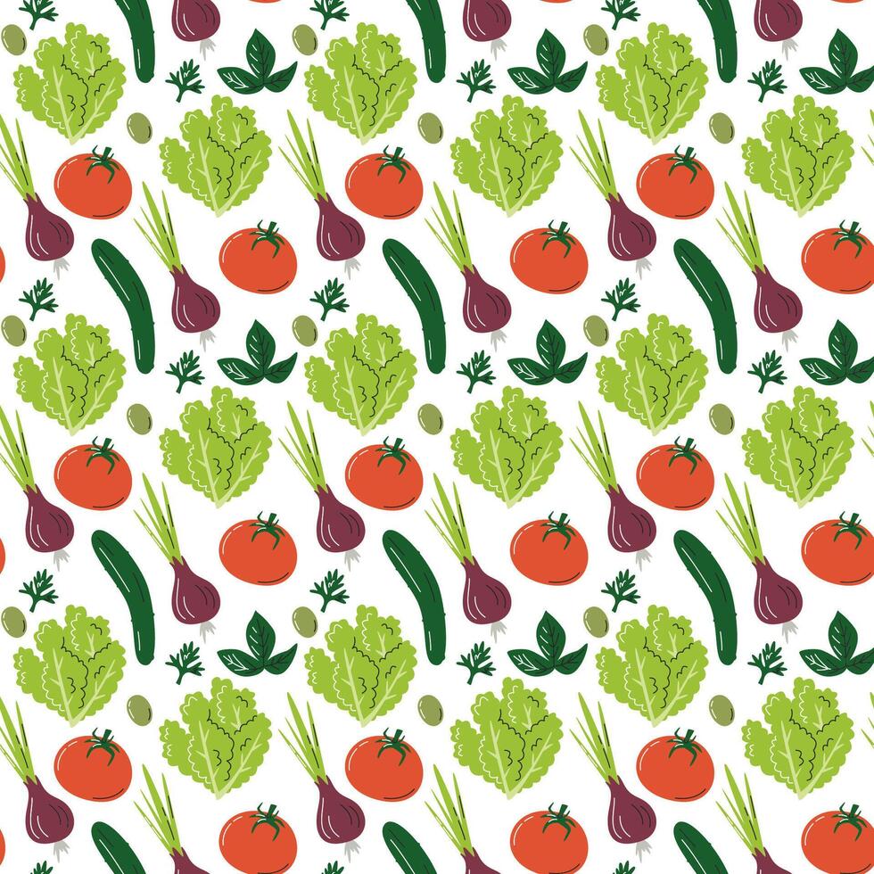 Fresh green vegetables seamless pattern isolated on white. Eco organic agricultural products. Local farm veggies cute repeating background. Summer salad ingredients hand drawn flat vector illustration