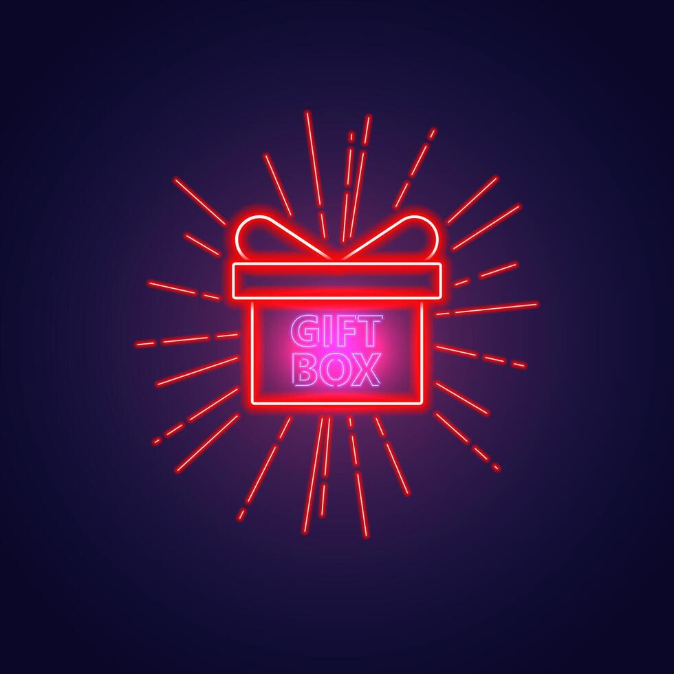 A neon gift box with a radiant line. A design with a vintage element makes your ads cool vector