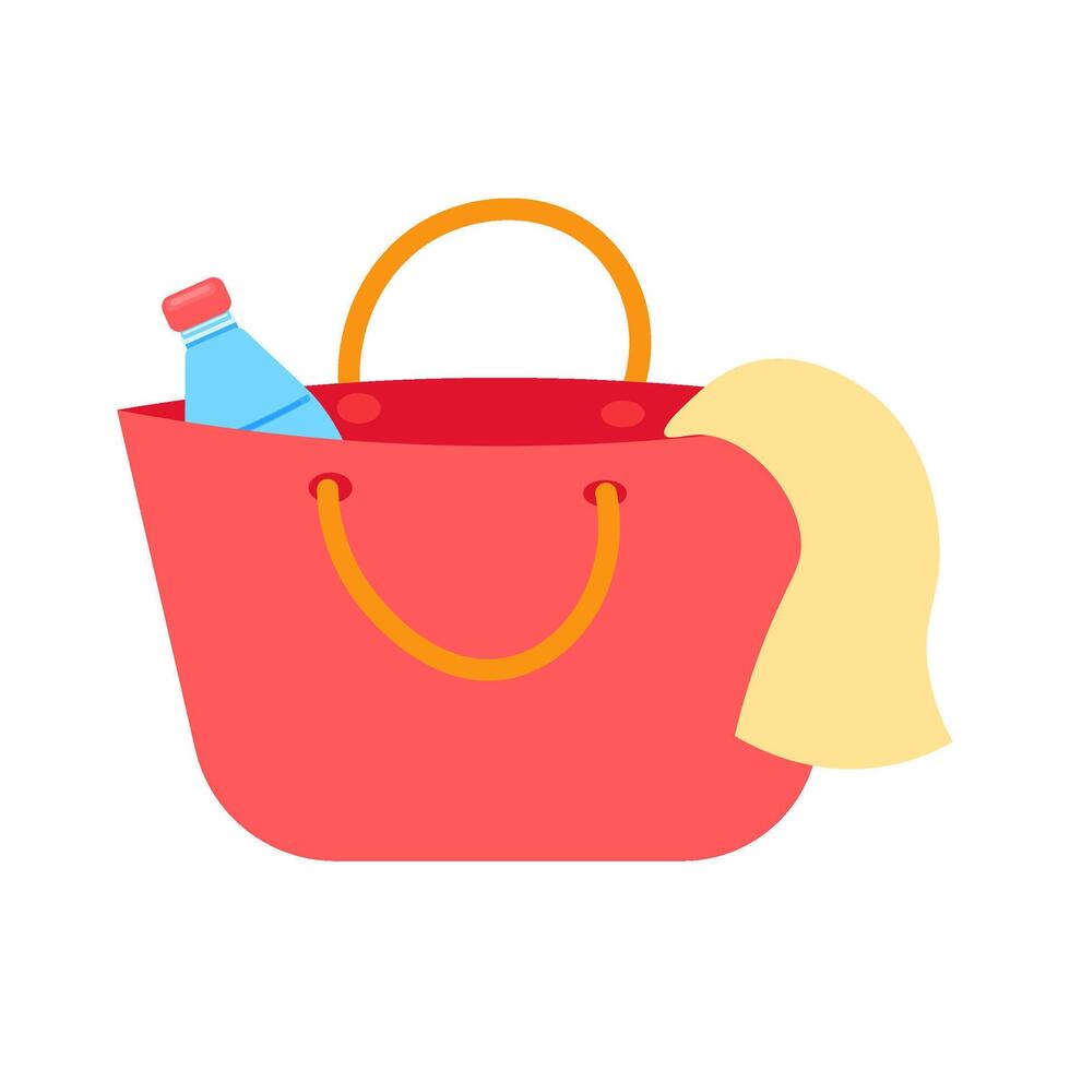 Red Tote Bag With Water Bottle And Beach Supplies vector