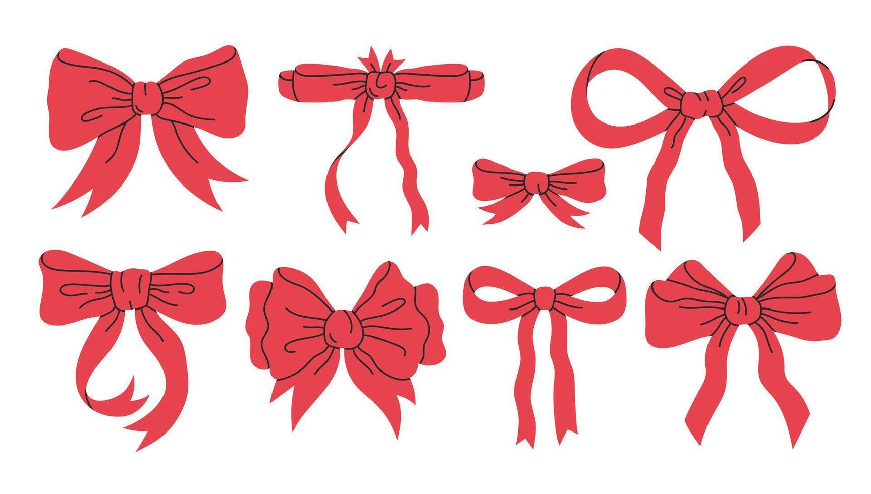 Red bows. Hand drawn silk bow for holidays present boxes, Birthday gifts red ribbon decoration flat vector illustration set. Cartoon bows collection