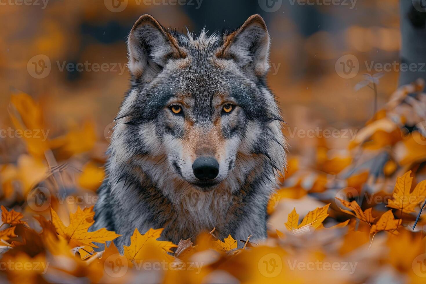 AI generated portrait of siberian wolf in autumn forest. photo