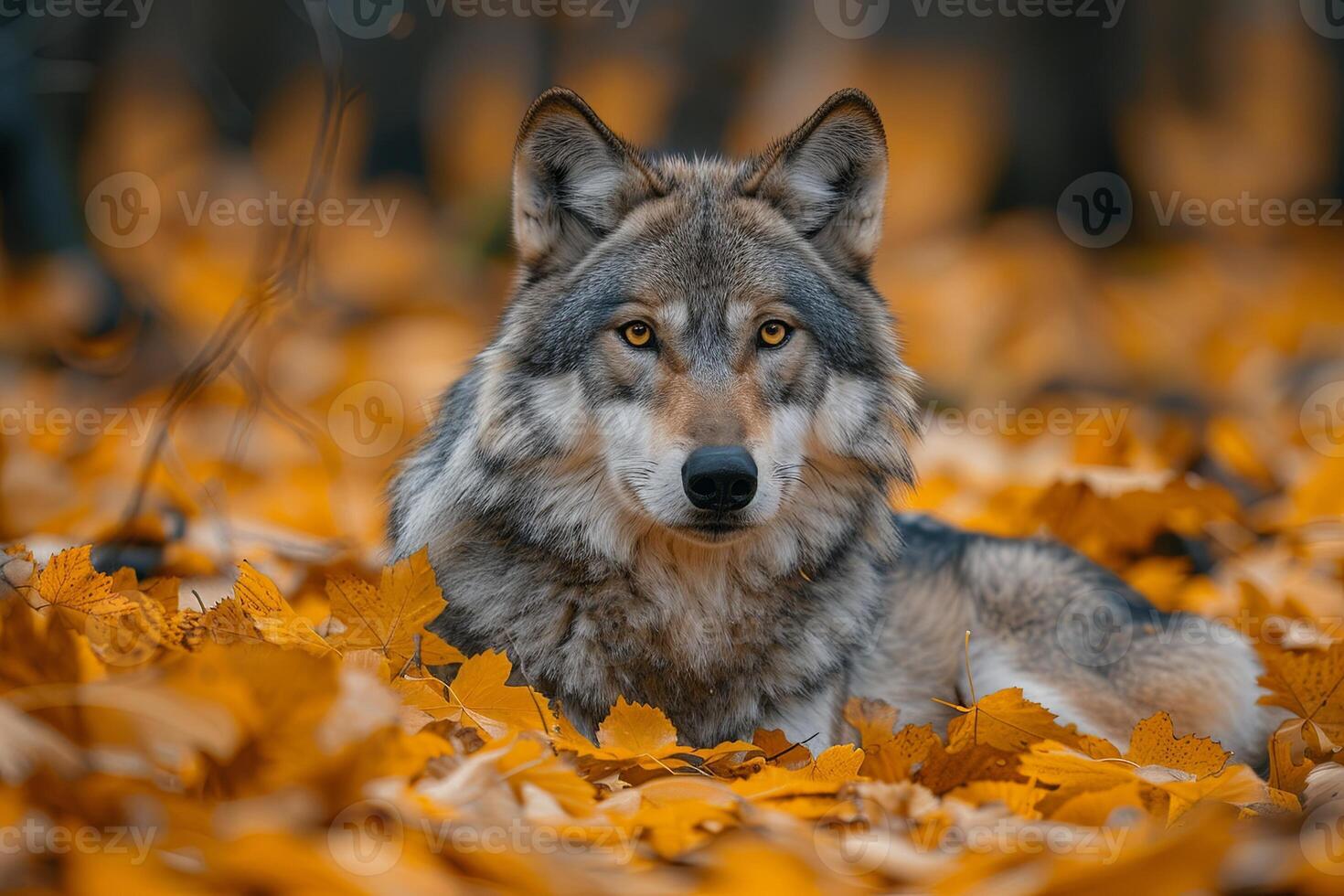 ai generado retrato de siberiano lobo en otoño bosque. foto