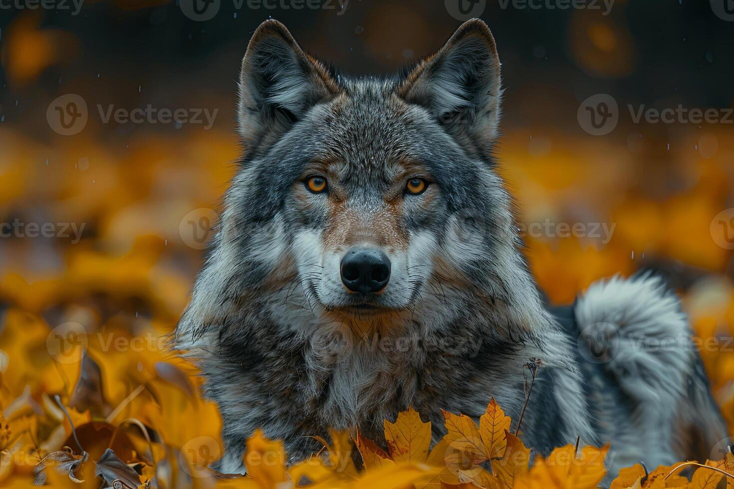 ai generado retrato de siberiano lobo en otoño bosque. foto