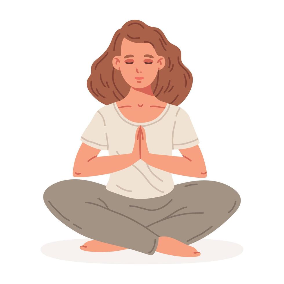 meditando mujer. hembra personaje sentado en yoga loto pose, estrés alivio y meditación concepto plano vector ilustración. meditación y aliento ejercicio