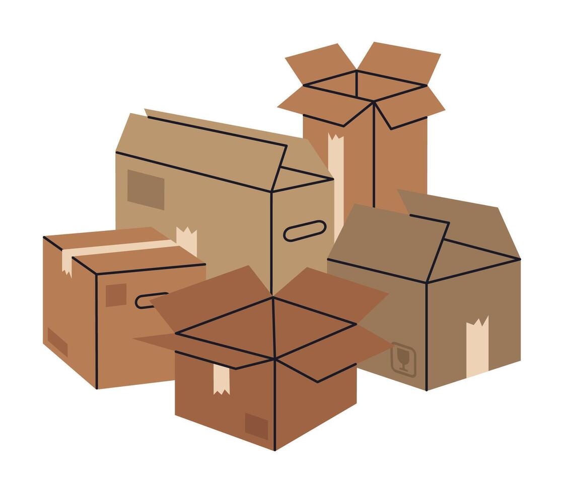 cajas pila. mano dibujado cartulina apilado carga cajas, paquetes montón, almacén caja pila plano vector ilustración. Moviente o entrega concepto