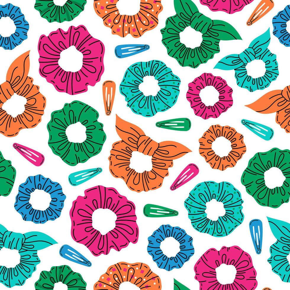 Hair scrunchies seamless pattern. Girls hair accessory doodle backdrop, hairpins and fabric elastic scrunchies cartoon vector pattern