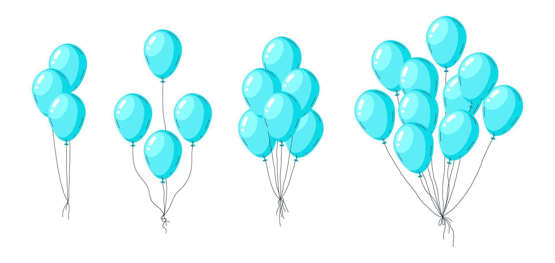 Blue helium balloons. Hand drawn balloons bunches, flying glossy balloons festive decorations flat vector illustration set. Birthday celebration decor collection