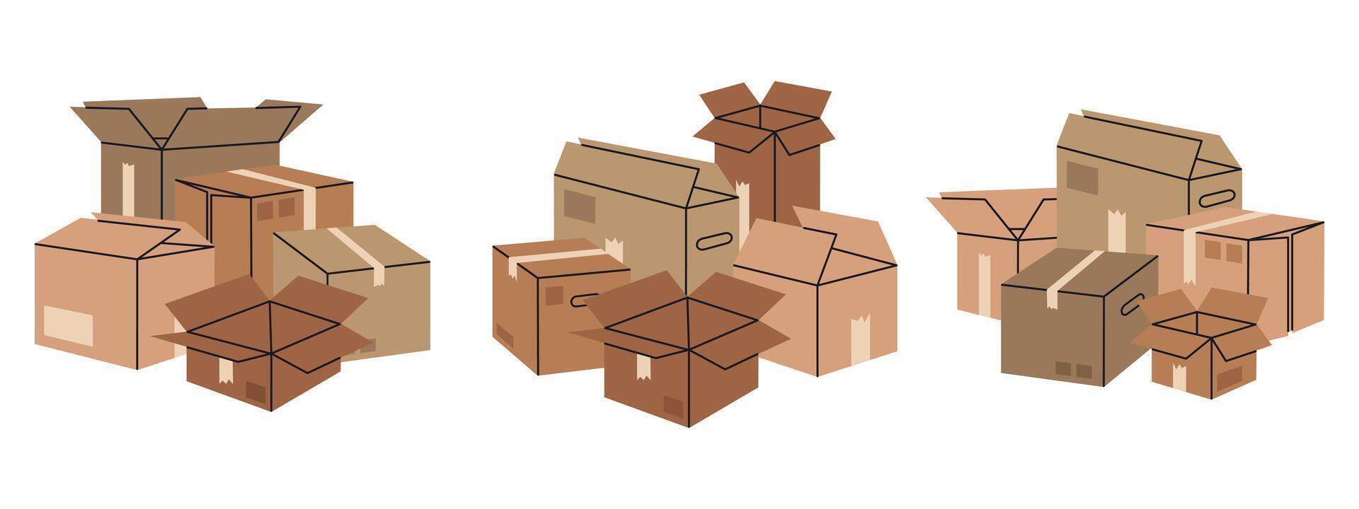mano dibujado apilado cajas cartulina paquetes montón, carga cajas pila, almacén caja pila plano vector ilustración colocar. entrega o Moviente o concepto
