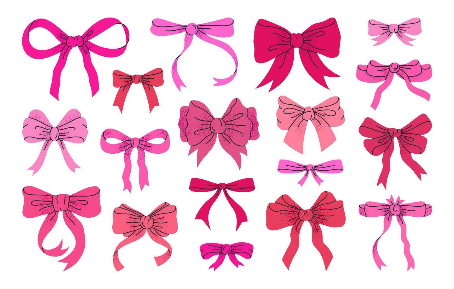 Bows set. Birthday gifts red ribbon decoration, hand drawn silk bows for holidays present box flat vector illustration collection. Cartoon bows
