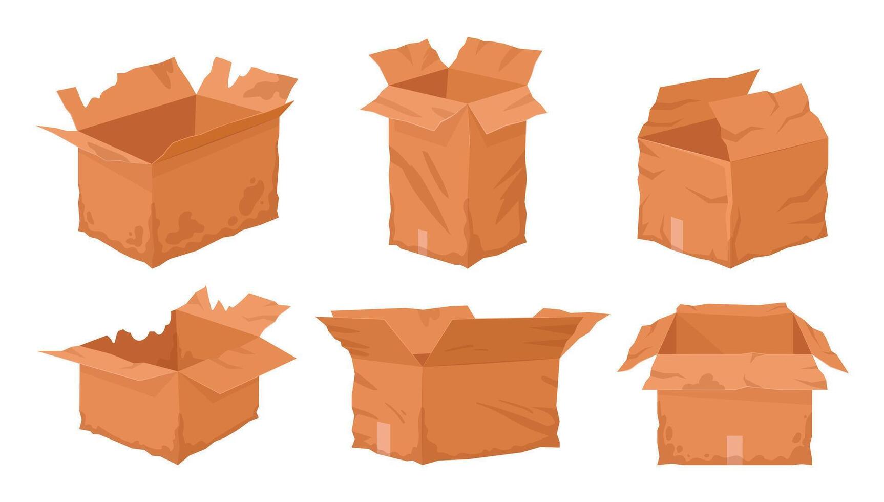 roto caja de cartón cajas estropeado cartulina entrega caja, dañado, mojado o Rasgado Envío contenedores plano vector ilustración colocar. dañado estropeado cajas en blanco