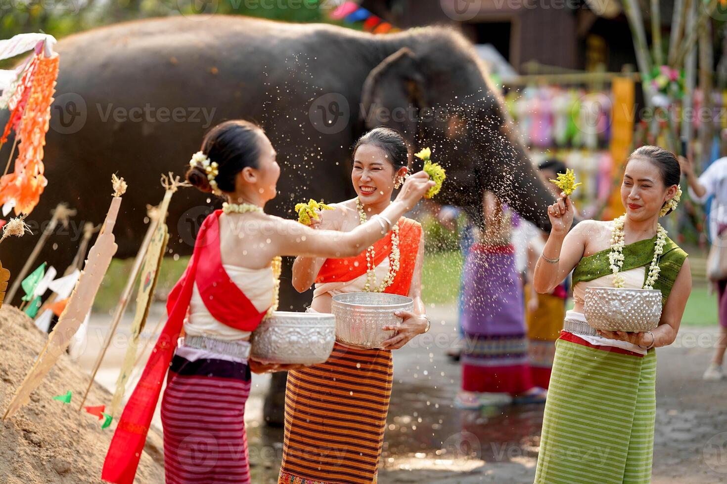 Closeup beautiful Thai young lady ware Thai traditional dress use flowers to sprinkle water on each other on the Thai New Year's Day in a fun way on blurred elephant and pile of sand background. photo