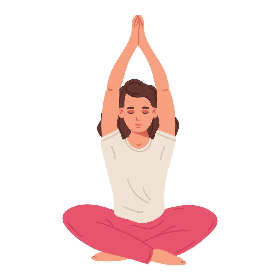 Woman in yoga pose. Female character meditating in yoga lotus pose, meditation, calm and tranquility flat vector illustration. Meditating girl