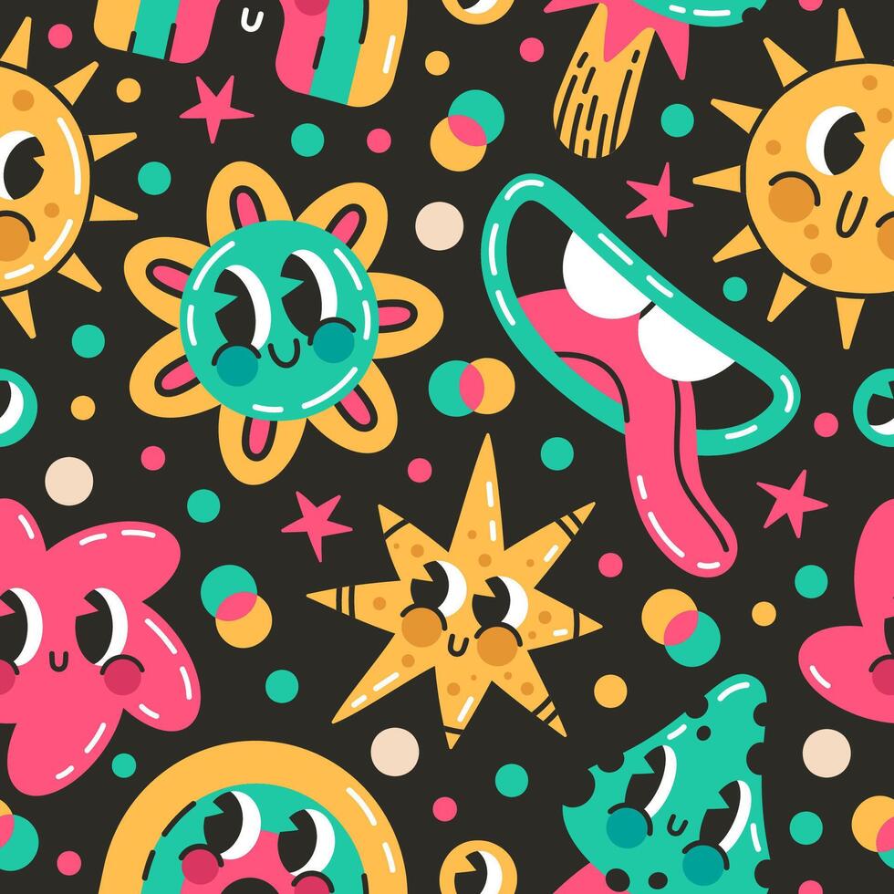 Funny comic emoji elements seamless pattern. Abstract comic book doodle characters vector background illustration. Cartoon hand drawn comic shapes pattern