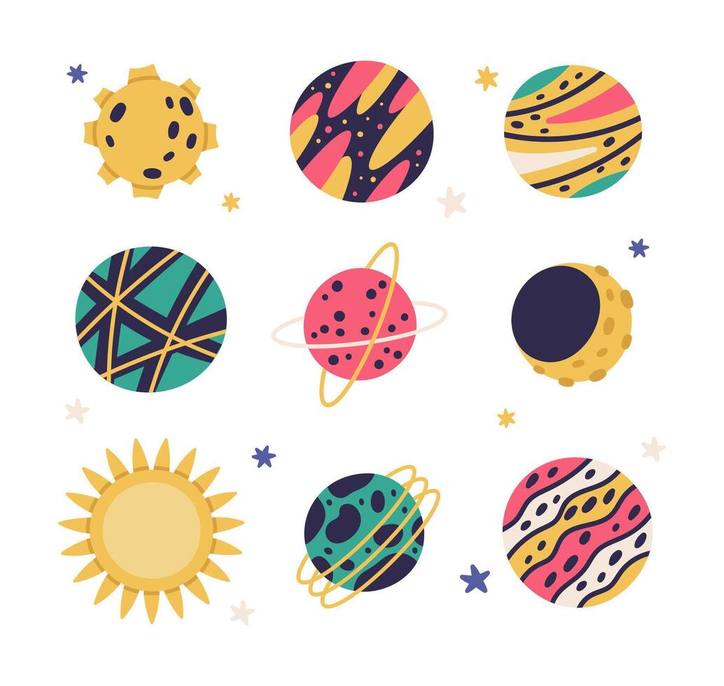 Doodle space galaxy elements. Cute hand drawn planets, space bodies, moon and sun cartoon vector illustration symbols set. Cartoon space objects