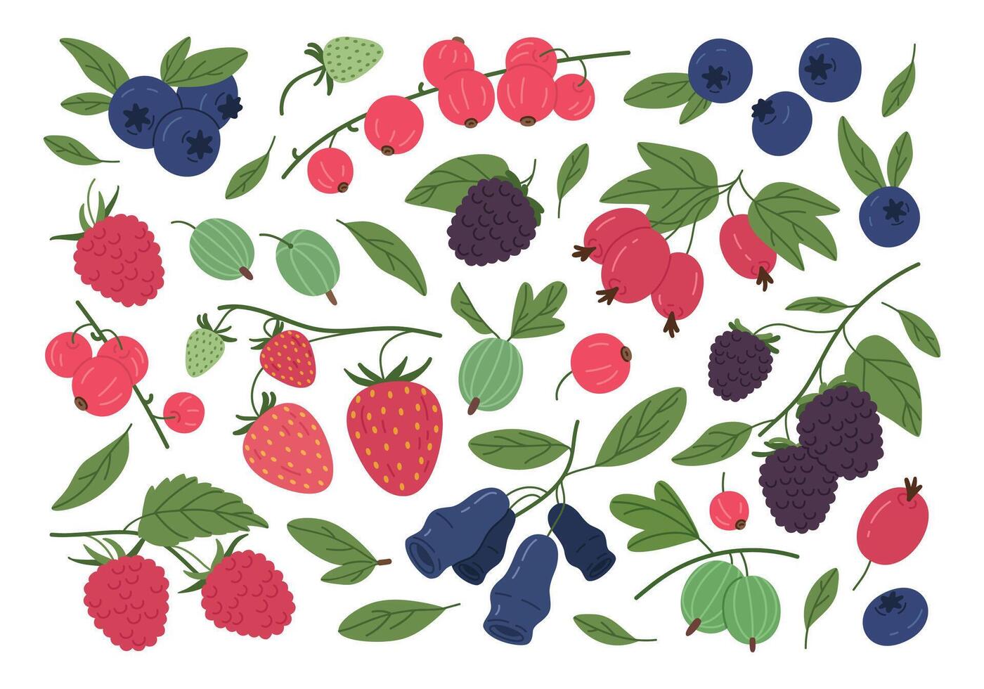 Wild berries. Ripe delicious raspberry, blueberry, strawberry, gooseberry and red currant, edible berries flat vector illustration set. Juicy forest berries collection
