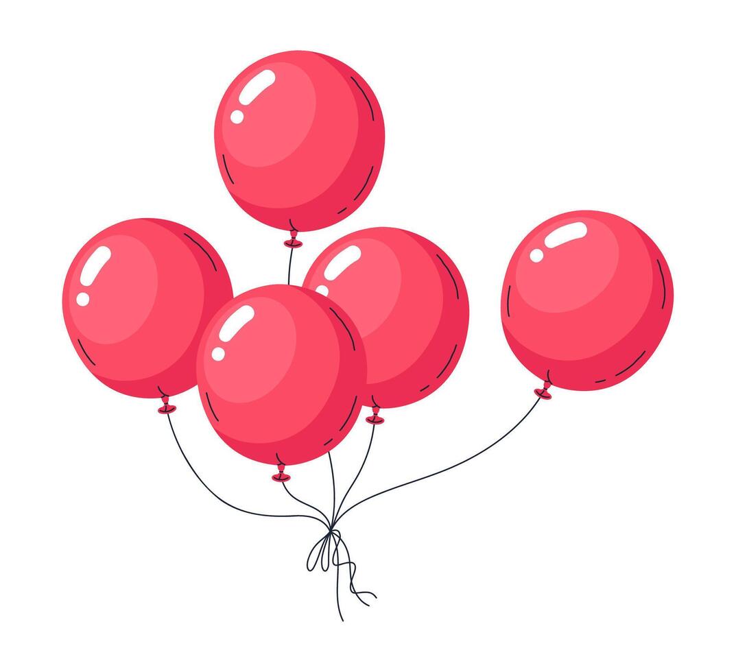 Red balloon bunch. Happy birthday air balloons decorations, helium balloons holidays celebration decor flat vector illustration. Glossy flying balloons