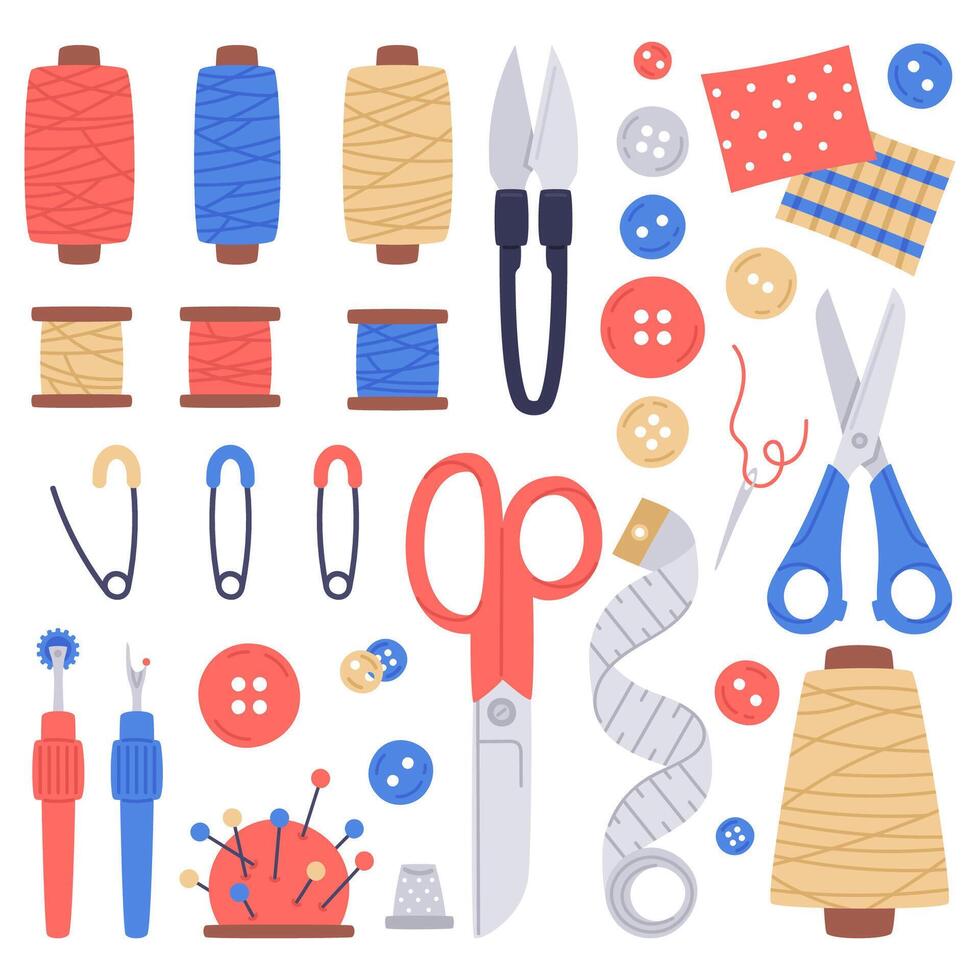 Sewing, needlework doodle tools. Hand drawn scissors, needles, buttons, thread spools. Cartoon sewing tools vector illustration set