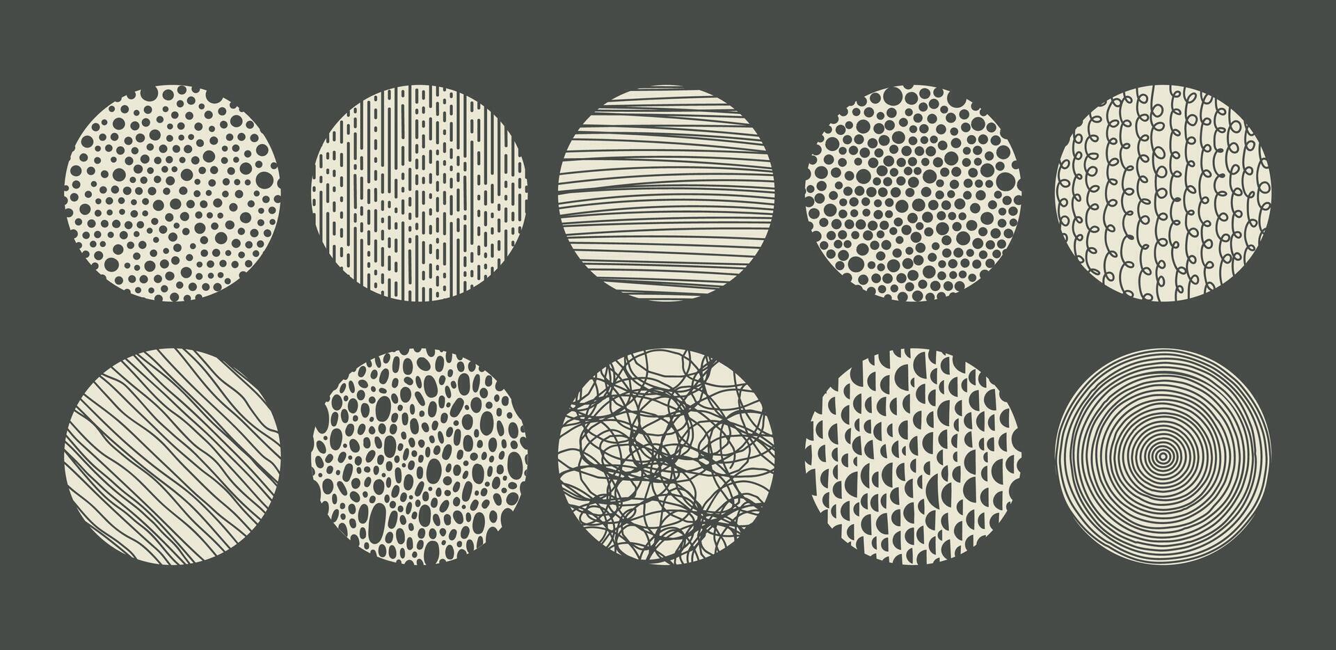 Hatching, dotted and scribble abstract round patterns. Doodle linear and spotted shapes cartoon vector illustration set. Contemporary shading patterns