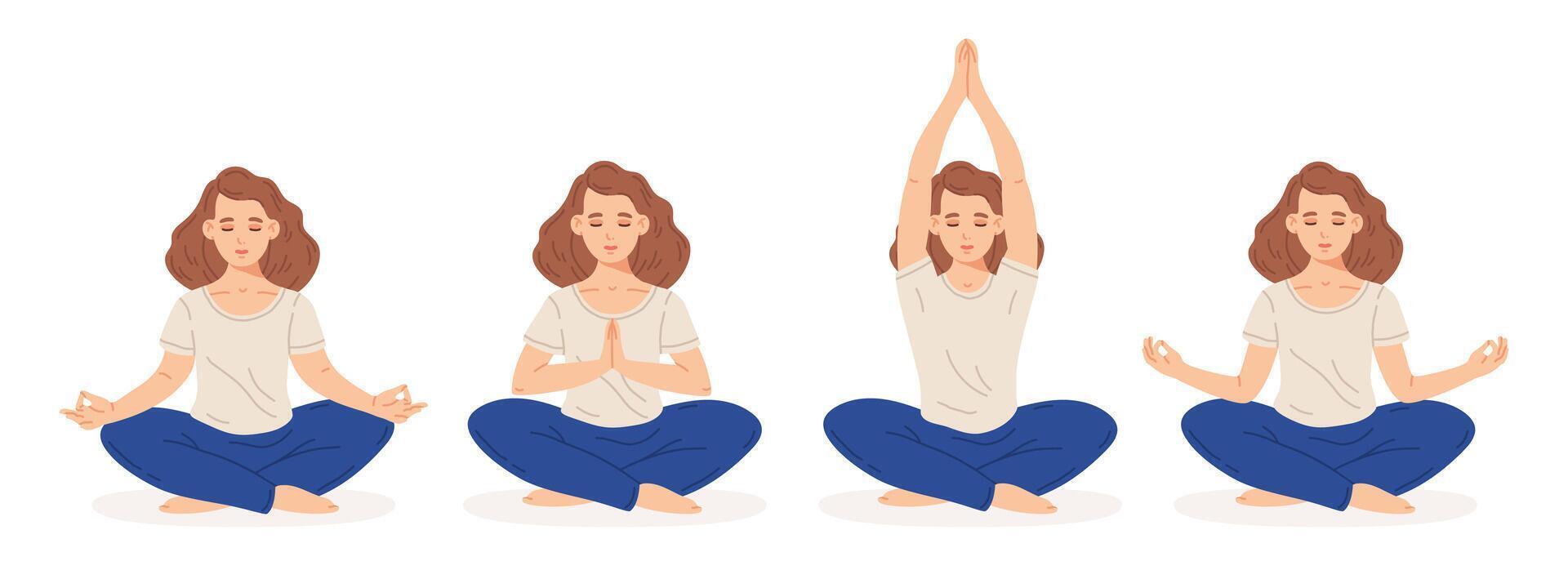 meditando mujer sentado en yoga loto pose. dibujos animados hembra encalmado personaje meditando en loto pose. meditación, estrés alivio y sano estilo de vida plano vector ilustración conjunto