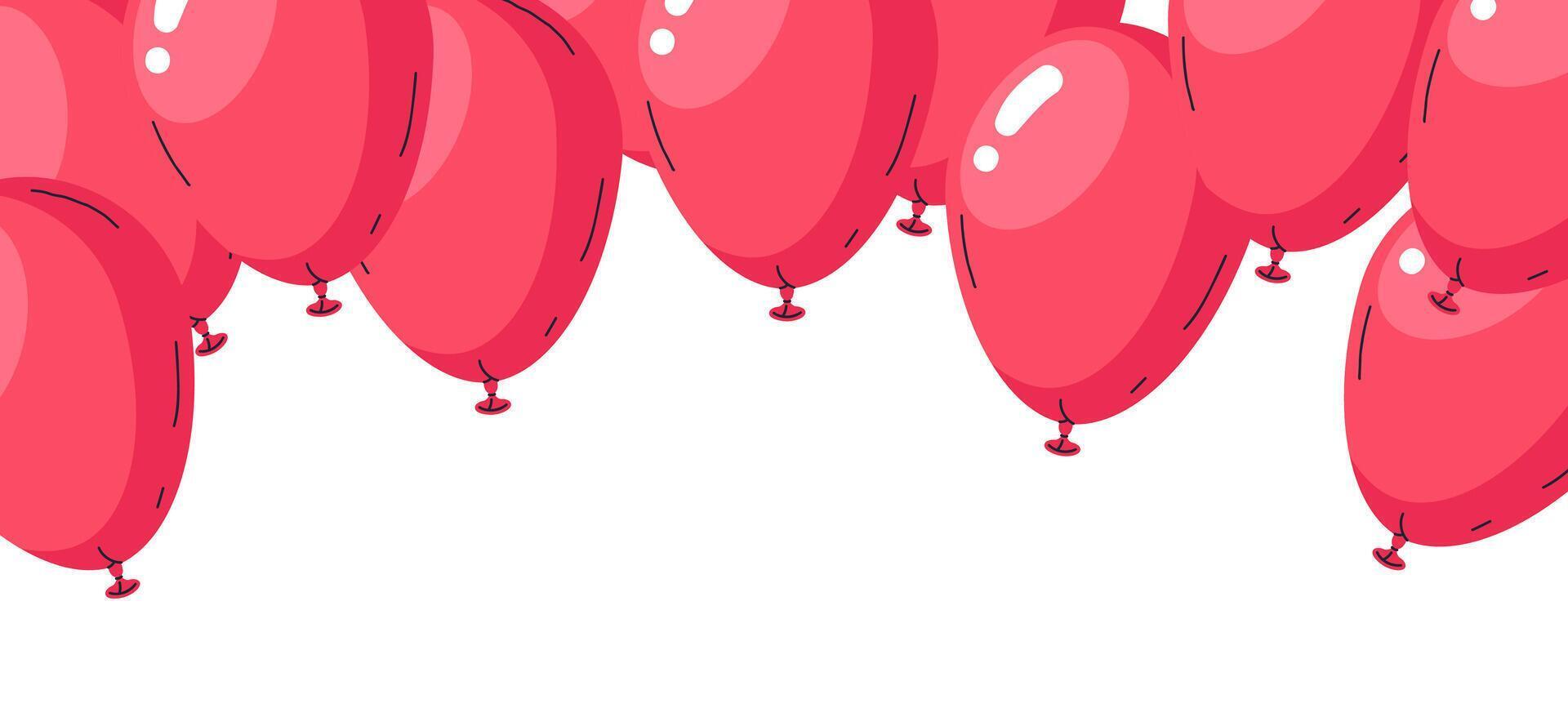 Red balloons background. Birthday party air balloon decorations, helium balloon holiday celebration decor flat vector illustration. Scarlet glossy balloons pattern