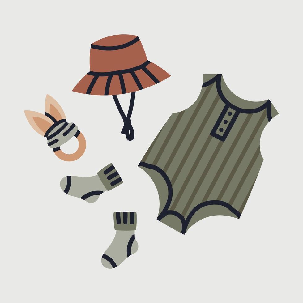 Baby summer clothes. Children warm season outfit, kids modern season clothes. Newborn child jumpsuit and panama hat flat vector illustration. Infant summer clothing