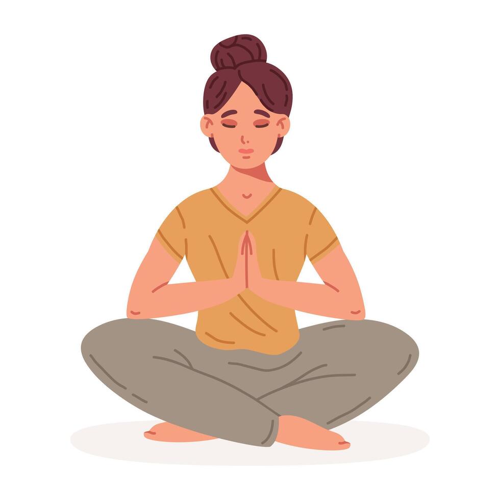 mujer sentado en yoga loto pose. meditación hembra personaje, estrés alivio y meditación plano vector ilustración. tranquilo humano meditación