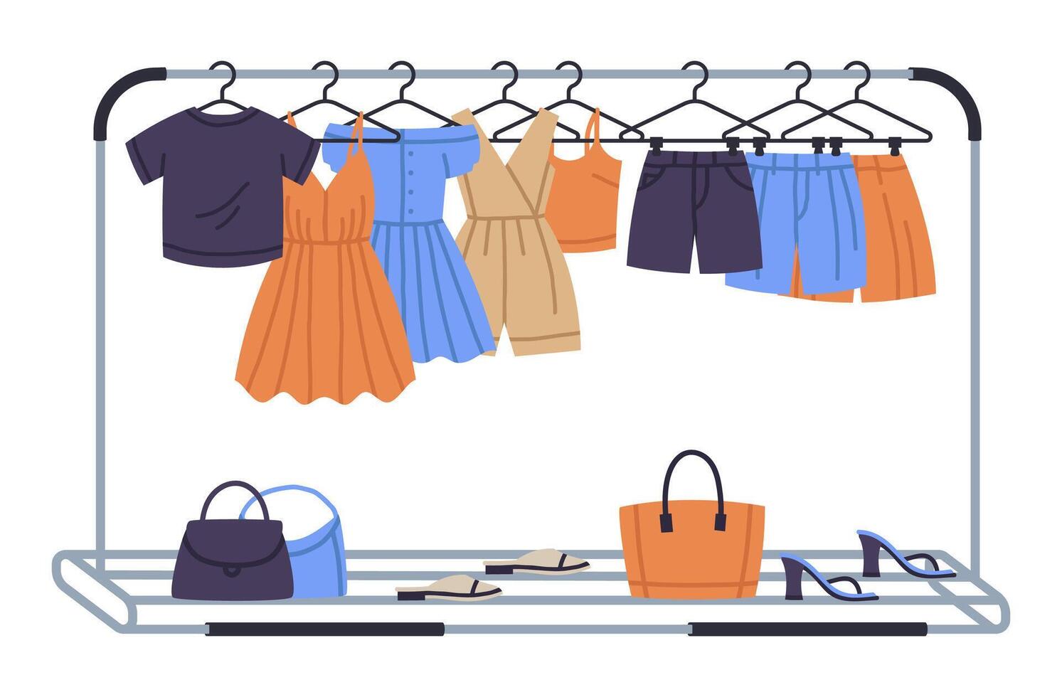 Fashion clothes rack. Clothes hanging on hanger rail, trendy clothing on store hangers, female summer garments flat vector illustration. Stylish clothes and accessories
