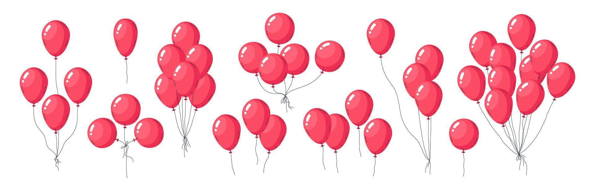 rojo globos racimos helio flotante globo, aire globos cumpleaños fiesta decoraciones plano vector ilustración colocar. volador rojo lustroso globos en blanco