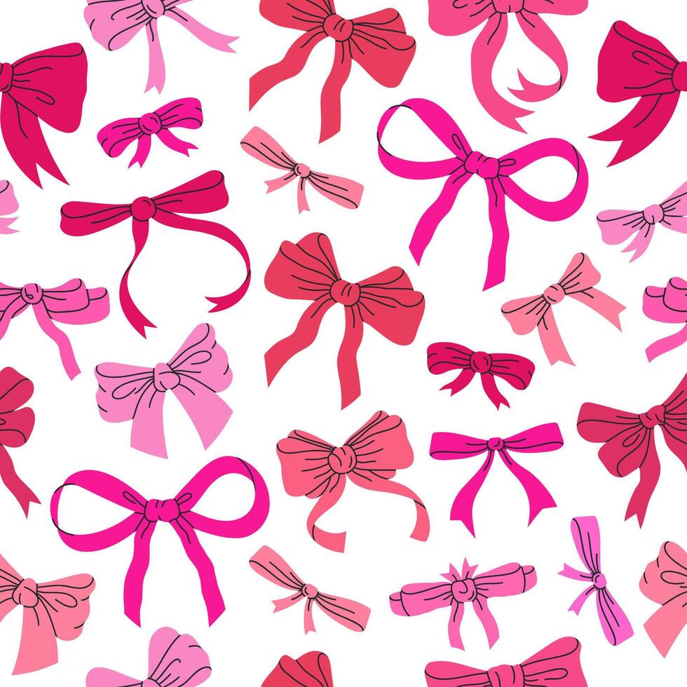 Bows seamless pattern. Birthday gifts red ribbon decoration print, hand drawn silk bow-knot for holidays present boxes flat vector background illustration. Cartoon bows pattern