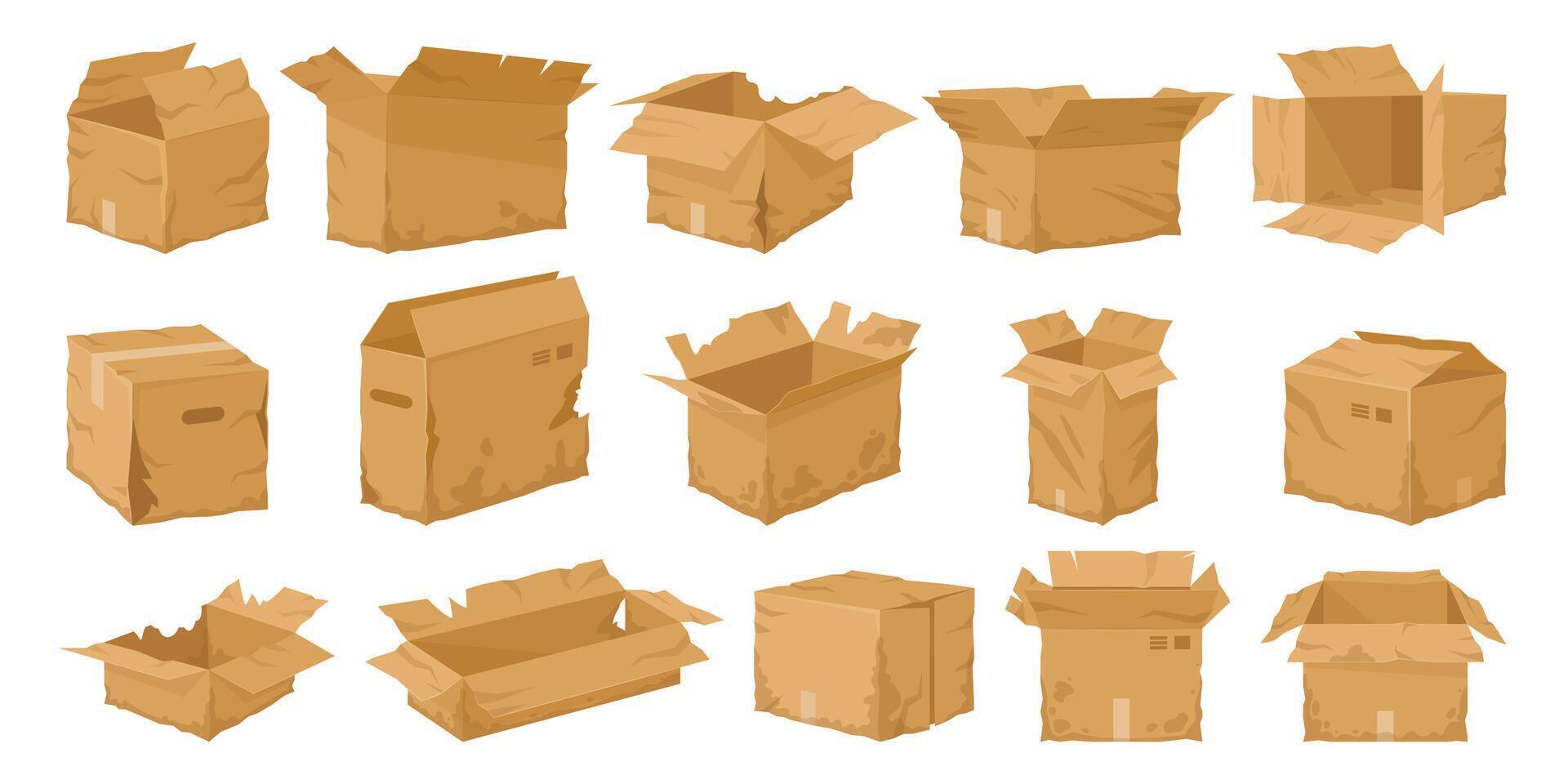 Crumpled cardboard boxes. Broken carton delivery package, wet, damaged, torn shipping containers flat vector illustration set. Damaged cardboard boxes