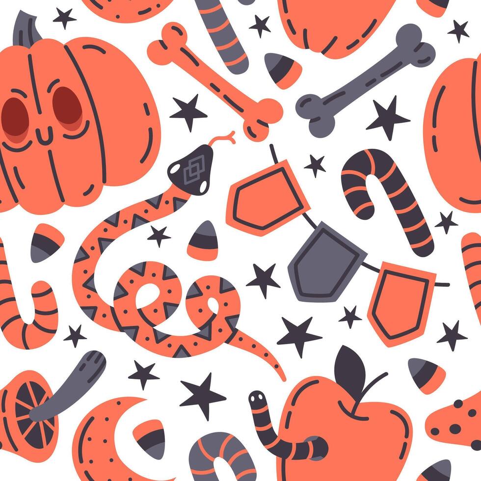 Halloween fall doodle seamless pattern. Spooky pumpkin, snake and poison mushroom vector background illustration. Hand drawn Halloween decorations pattern
