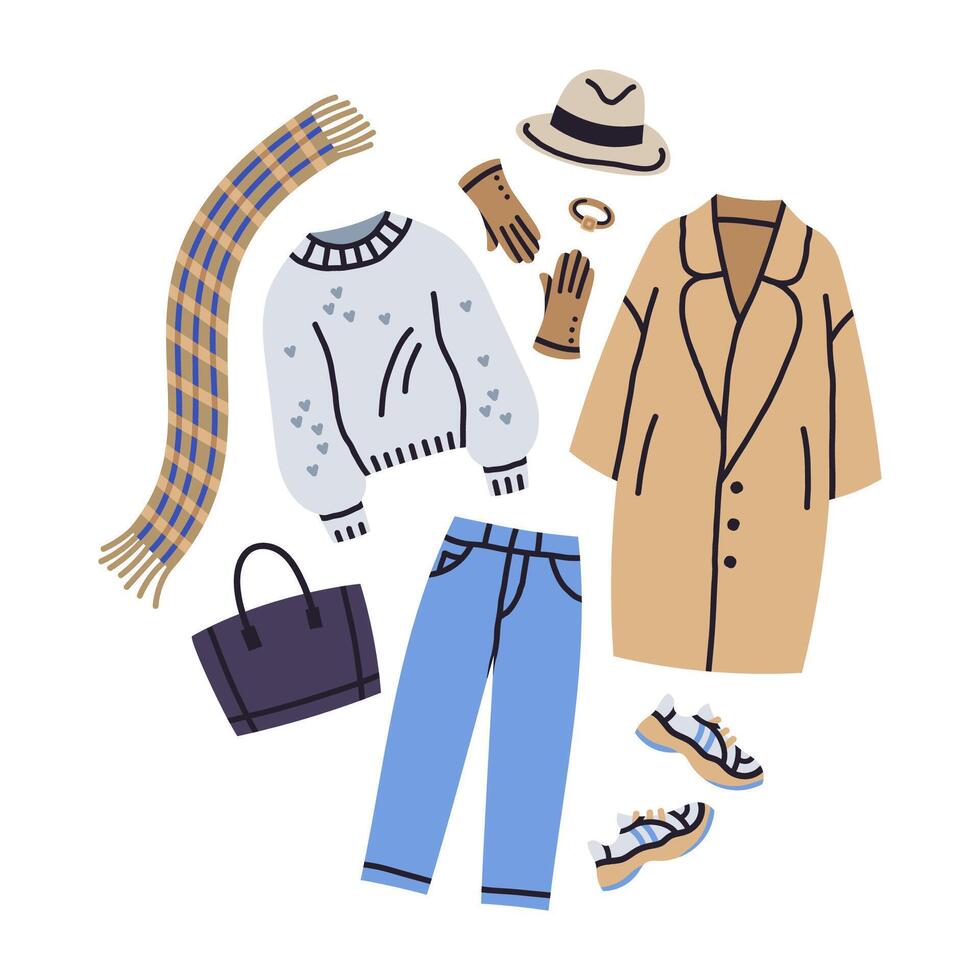 Trendy fall or spring clothing. Fashion casual outfit, coat, jeans, sneakers and hat, stylish outlook flat vector illustration. Trendy layered season clothes