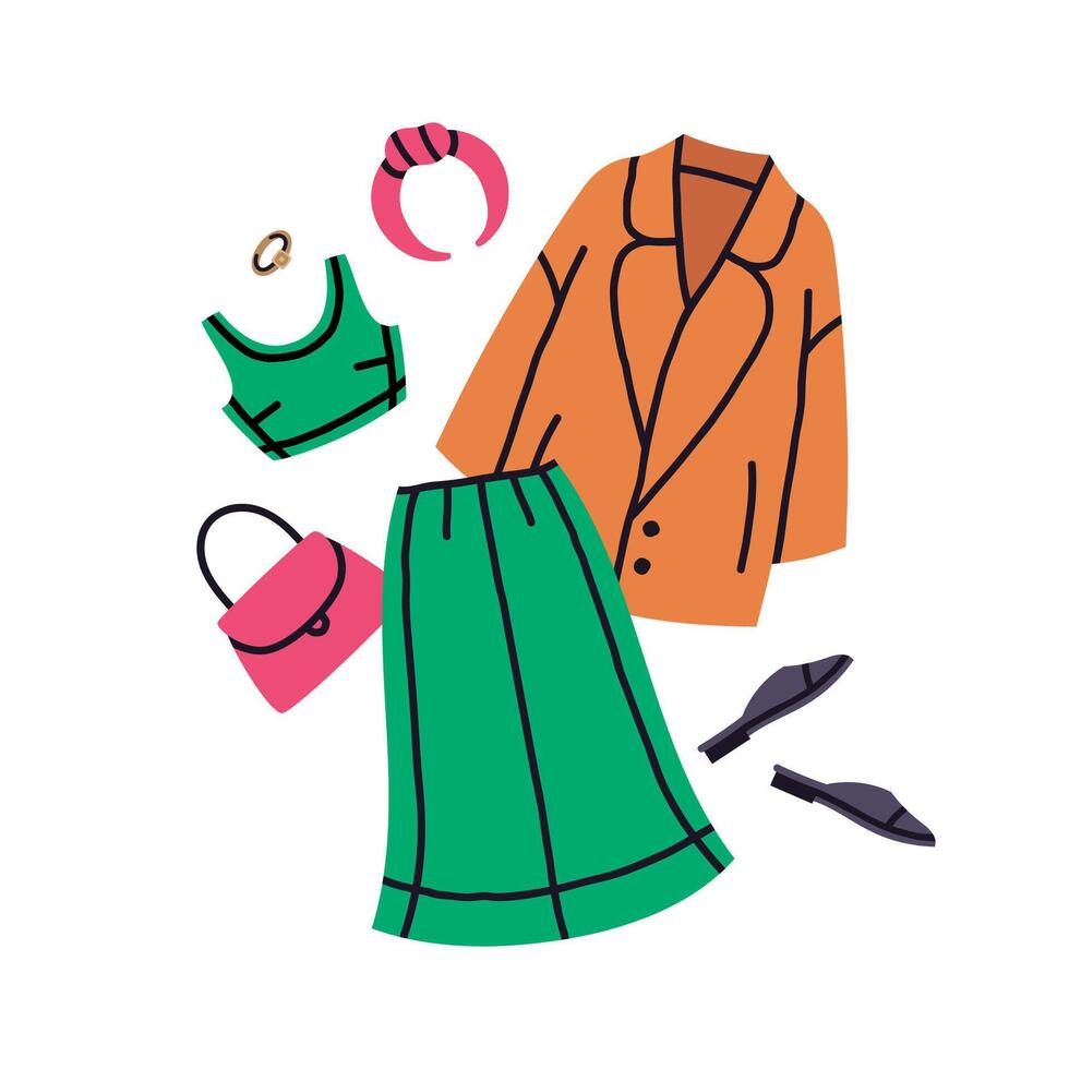 Fashion female outfit. Bright trendy green, pink and orange modern casual look cartoon vector illustration. Doodle stylish female wardrobe outfit