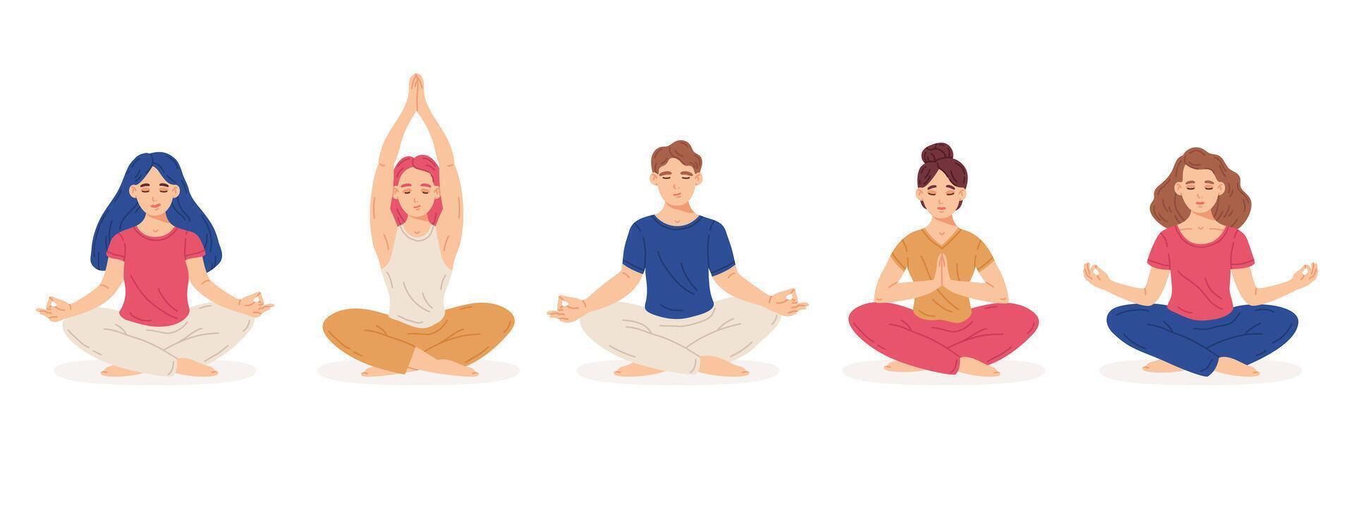 meditando gente. hembra y masculino caracteres en yoga loto postura, meditación práctica concepto dibujos animados vector ilustración colocar. plano mente y emociones armonía personas