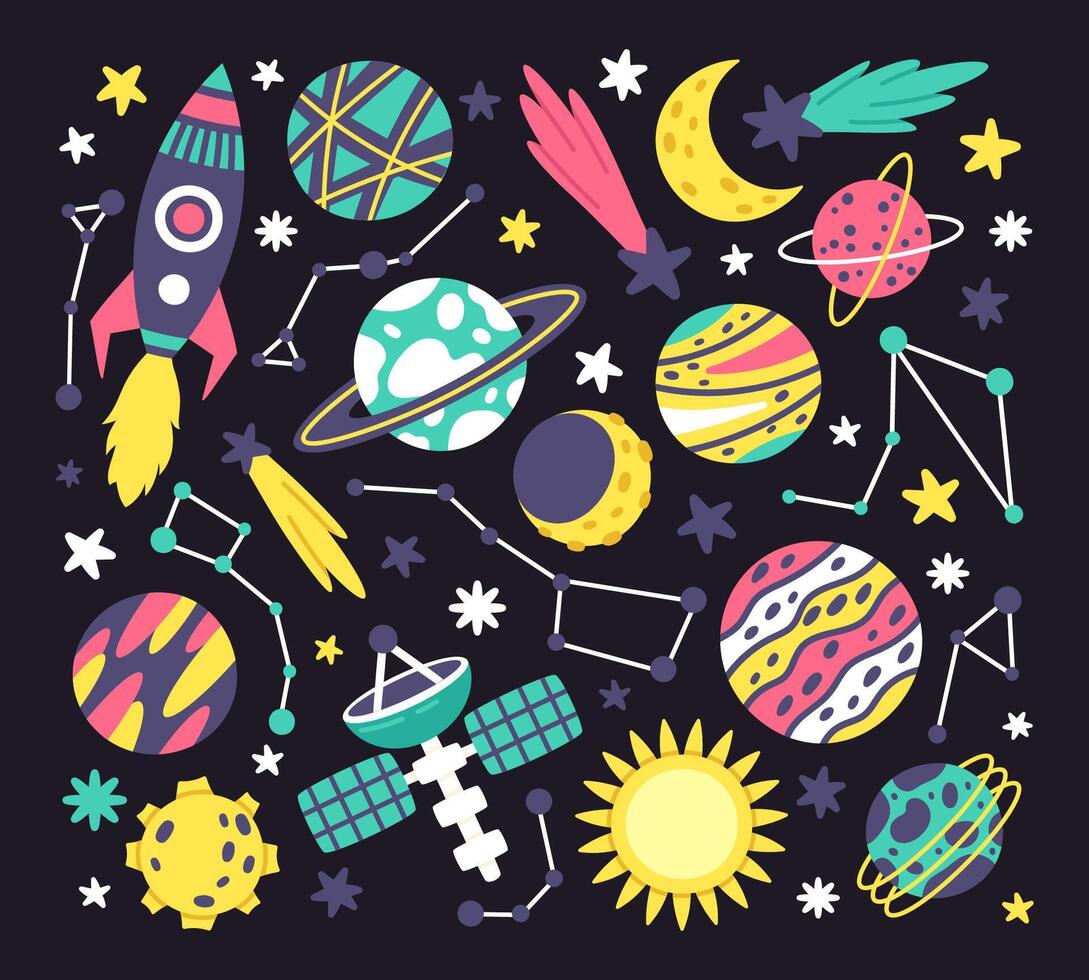 Space galaxy elements. Hand drawn spaceship, comet, planets and stars flat vector illustration set. Galaxy space symbols on white