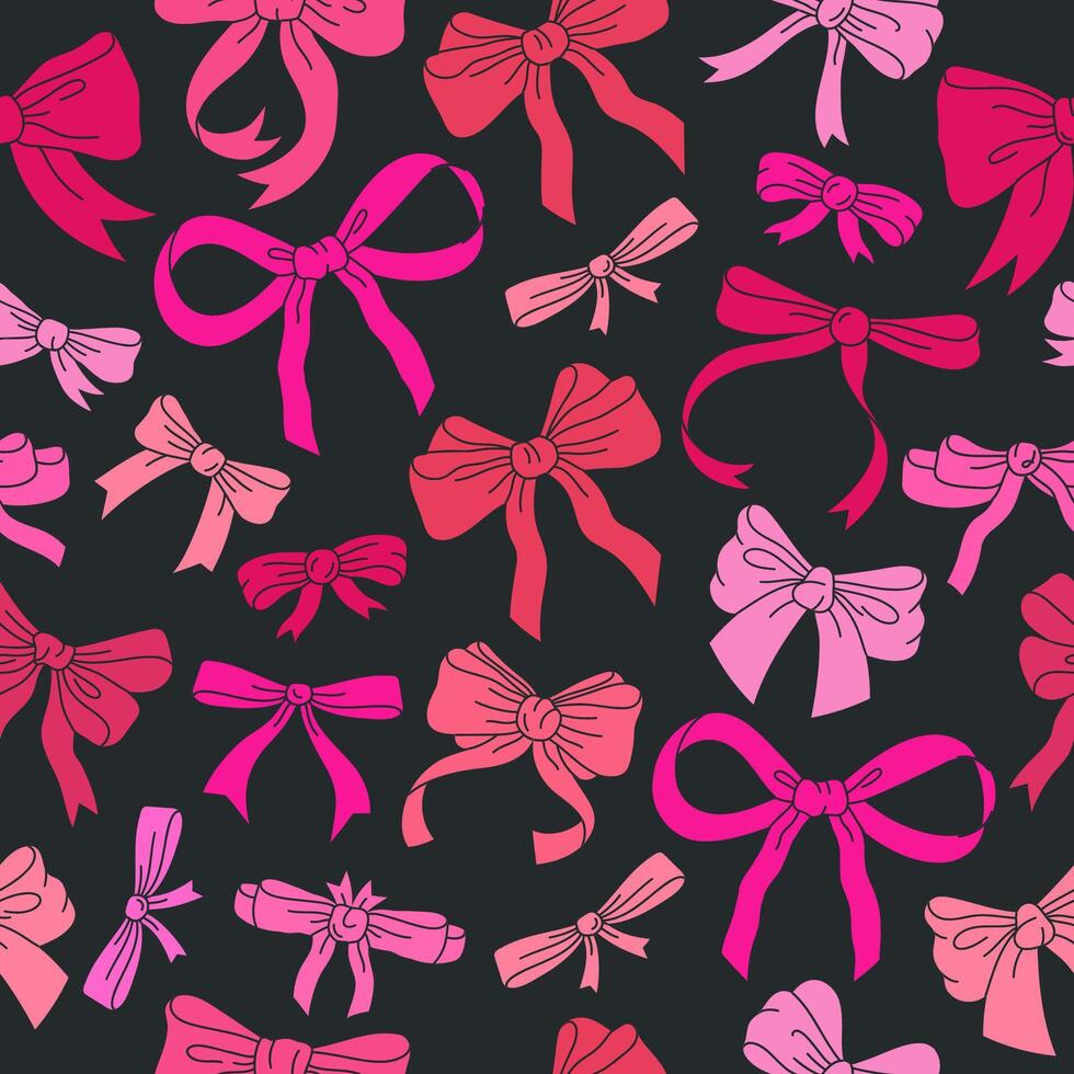 Hand drawn bows seamless pattern. Holidays gifts red and pink ribbon decoration seamless print, silk bow-knot for gift boxes flat vector background illustration. Cartoon bows endless pattern