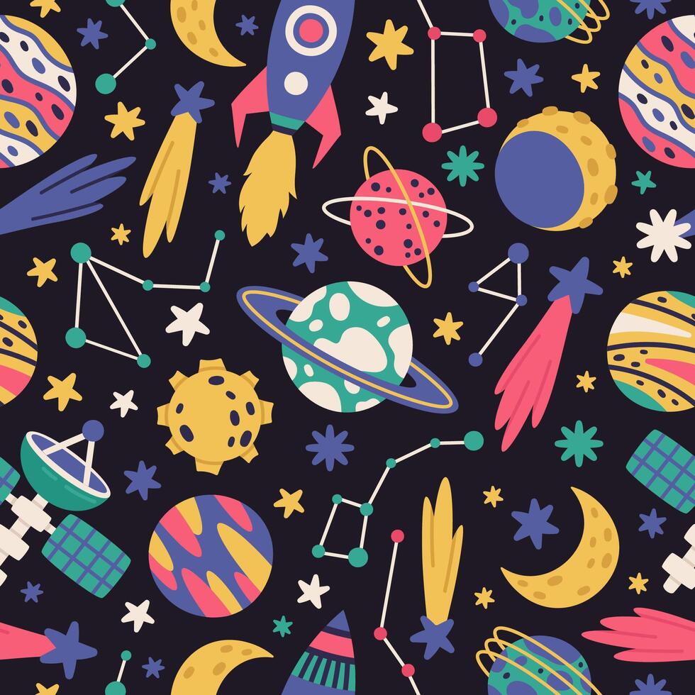 Hand drawn space seamless pattern. Spaceship, space bodies, cosmic planets and stars flat vector background illustration. Space cosmic endless design