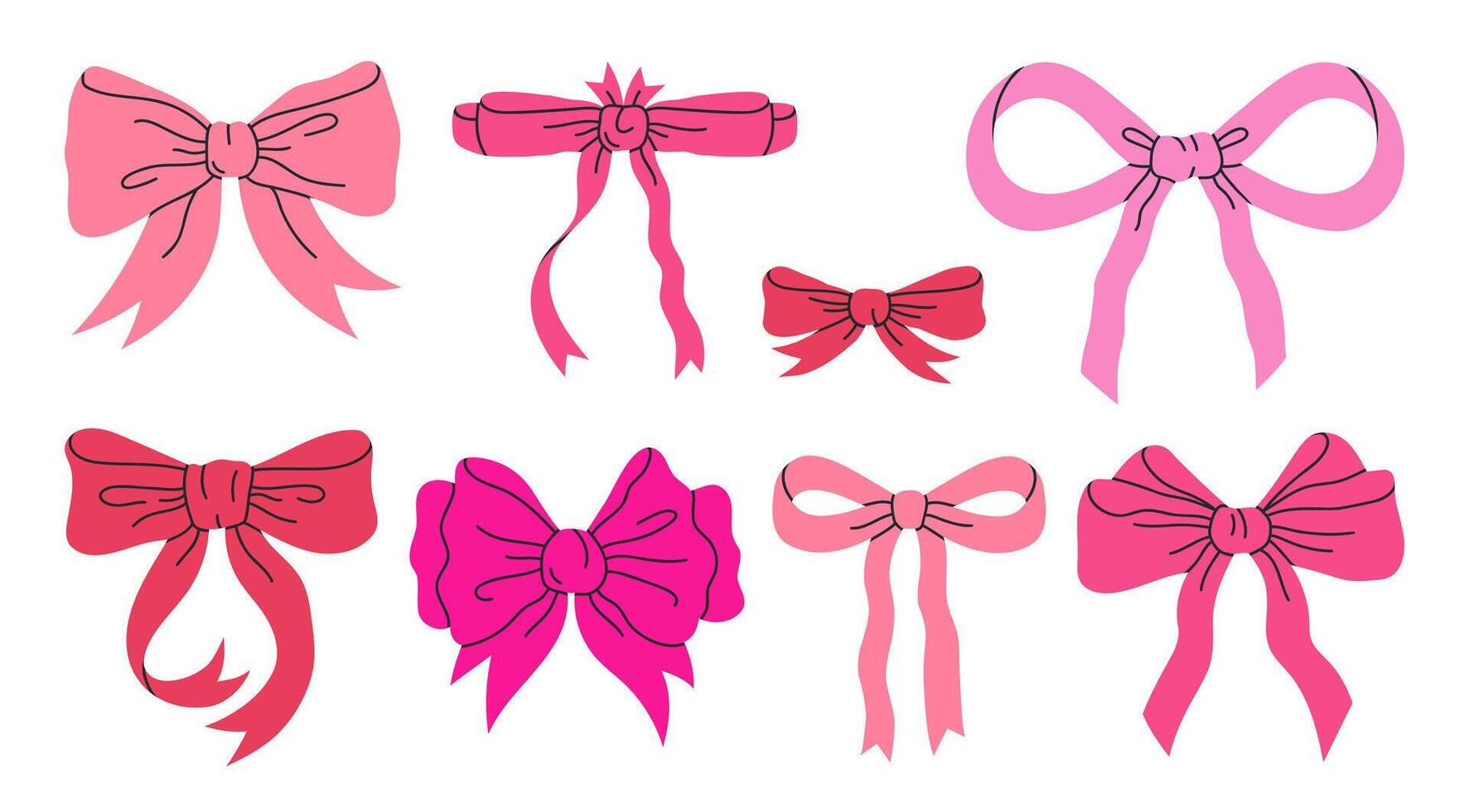 Hand drawn silk bows. Birthday party gifts red ribbon decoration, holidays present box decor flat vector illustration set. Cartoon pink bows on white